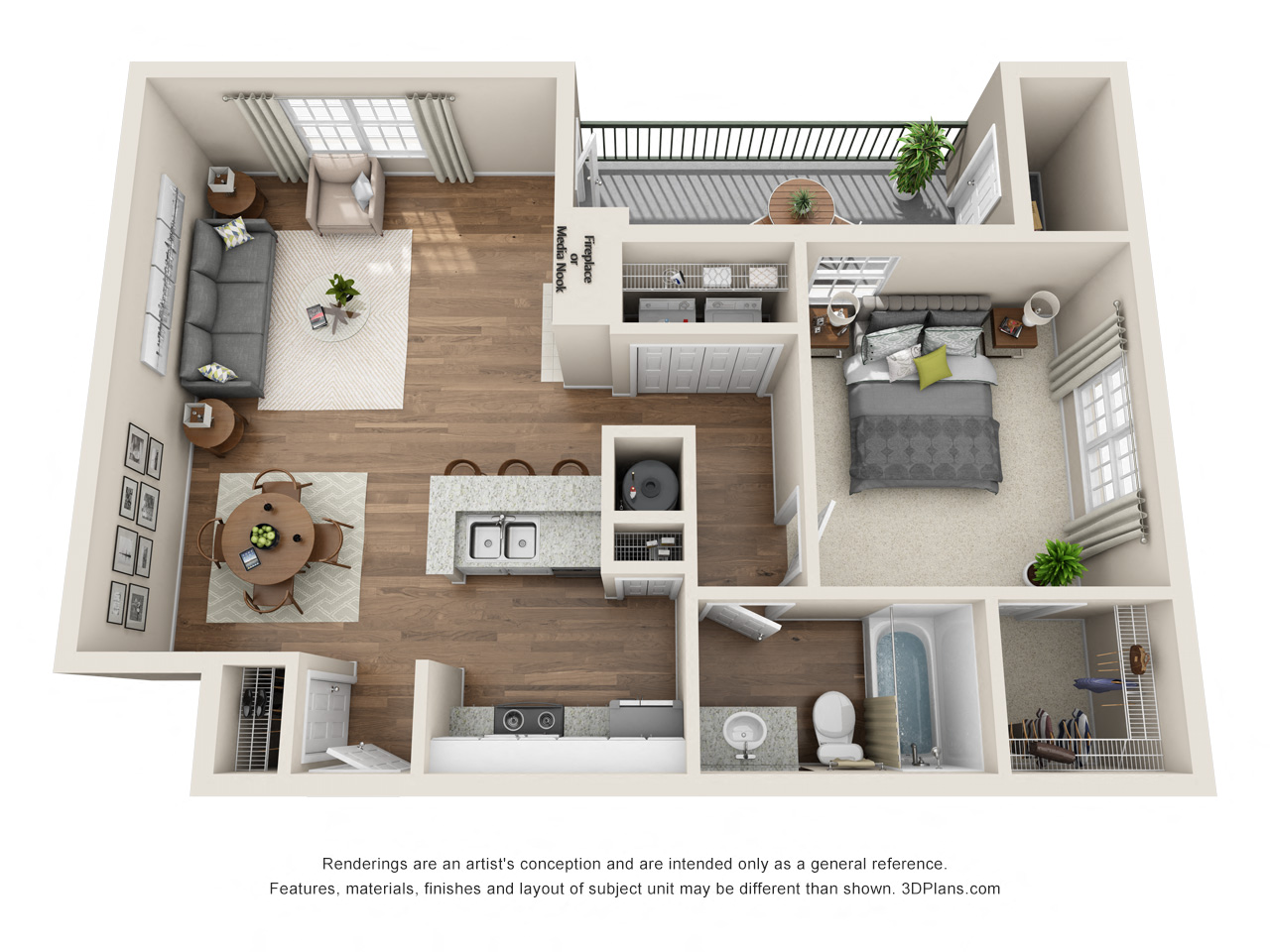 Floor plan for 1 bed, 1 bath, 723 sqft